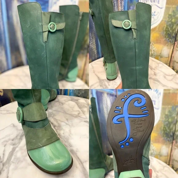 John Fluevog Fellowship Carol Tall Leather Buckle Zip Boots Green 7.5 GUC - Picture 5 of 10